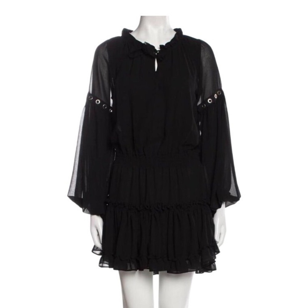MISA Los Angeles Black Boho Mini Dress Balloon Sleeve Grommet Tie Neck M